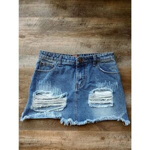 POL Women's Size Small Medium Wash Blue Denim Distressed Frayed Mini Skirt